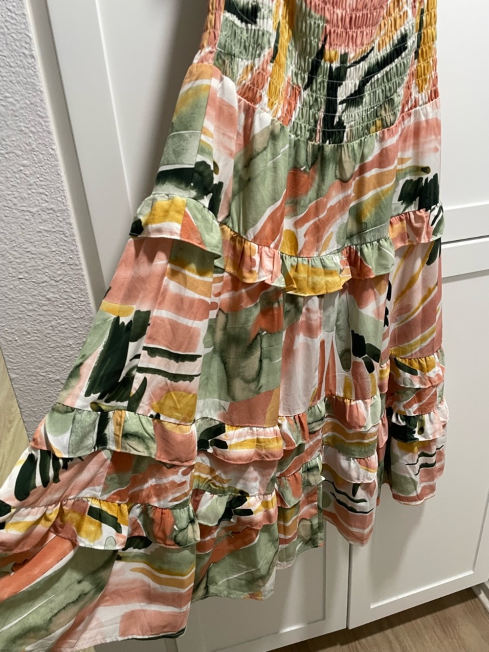 Watercolor Brush Stroke Multicolor Tropical Smocked Ruffle Tiered Maxi Skirt Set - Picture 7 of 14